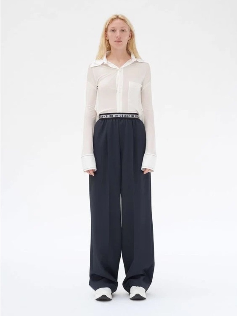 Rare Celine Phoebe Philo AW18 Elastic Logo Waistband Pants Medium Fits FR 38/40